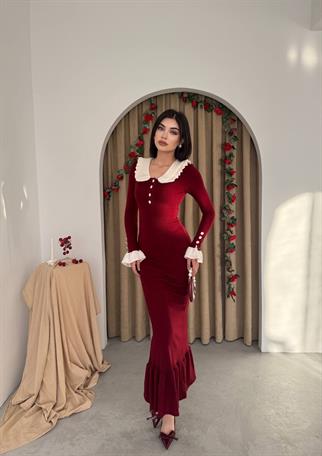 Arlena Retro Fırfır Detay Uzun Triko Elbise