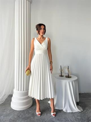 Alyosa Pileli V Yaka Midi Elbise