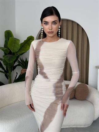 Nayra Tül Tasarım Uzun Kollu Midi Elbise