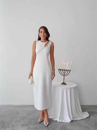 Mona Taş Detay Atlas Kumaş Uzun Elbise