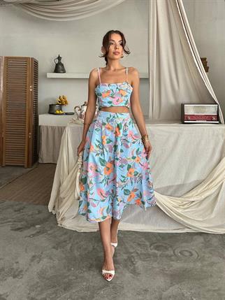 Dalia Çiçek Baskılı Keten Midi Elbise