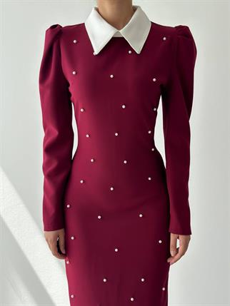 Perlina İnci Boncuk Detay Gömlek Yaka Uzun Elbise