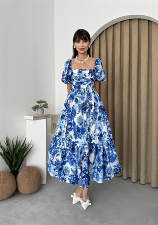 Balon Kol Kiloş Mavi Çiçekli Midi Elbise