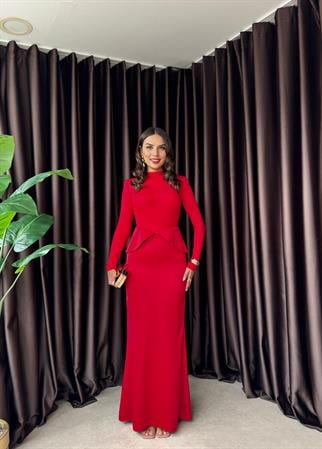 Uzun Kollu Balıkçı Yaka Saten Detay Şık Elbise