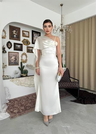 Junas Yaka Kuşağı Detaylı Saten  Elbise