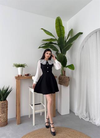 Ravena Dantel Yaka Şifon Kol Detay Mini Elbise