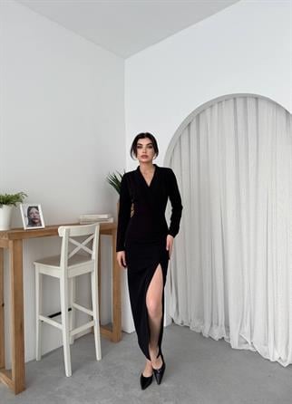 Aldina Düğme Detay Atlas Uzun Elbise