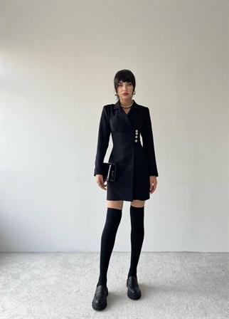 Amber Uzun Kollu Mini Elbise - Siyah