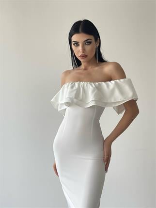 Amour Midi Boy Fırfır Elbise - Beyaz