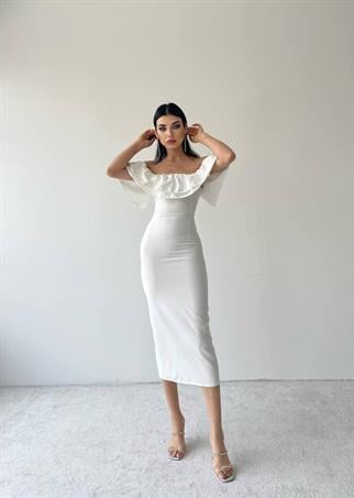 Amour Midi Boy Fırfır Elbise - Beyaz