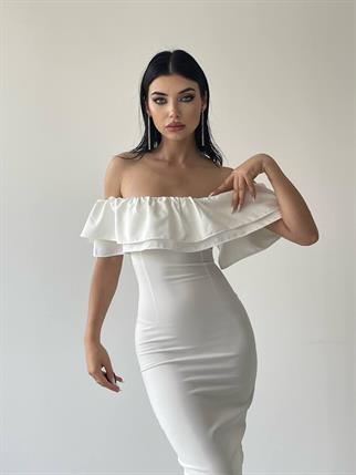 Amour Midi Boy Fırfır Elbise - Beyaz