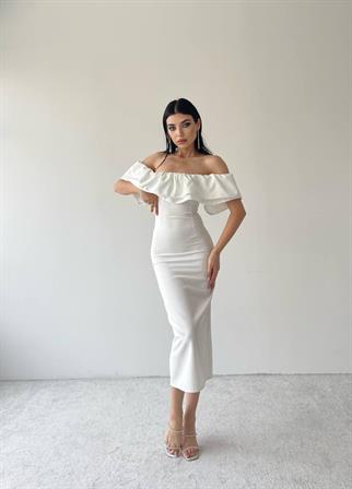 Amour Midi Boy Fırfır Elbise - Beyaz