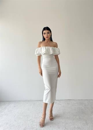 Amour Midi Boy Fırfır Elbise - Beyaz