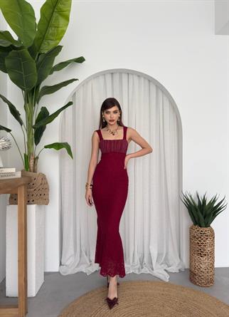 Angel Dantel Kalın Askılı Uzun Elbise