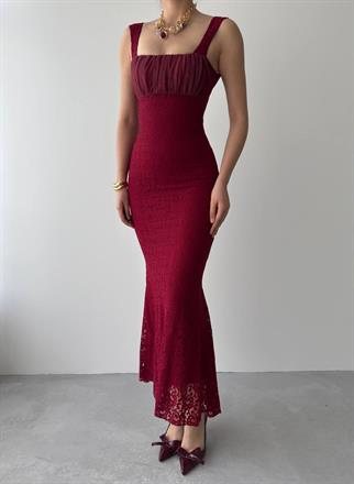 Angel Dantel Kalın Askılı Uzun Elbise