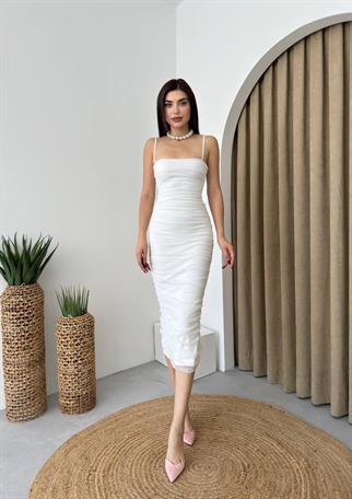 Askılı Drapeli Tül Midi Elbise