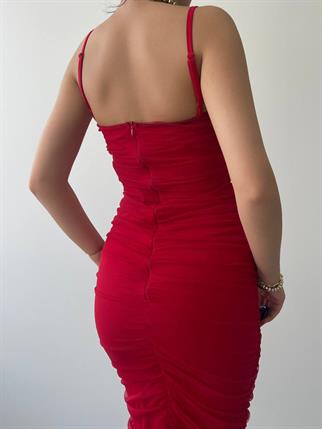 Askılı Drapeli Tül Midi Elbise