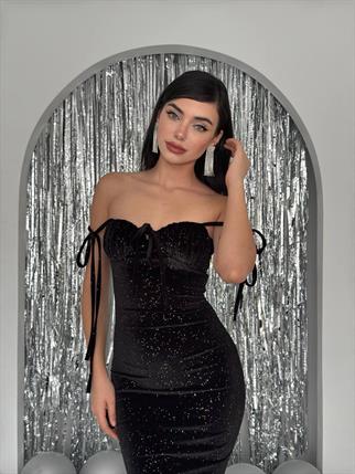 Askılı Kadife Tasarım Simli Elbise