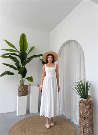 Askılı Keten Nakış Detaylı Uzun Elbise