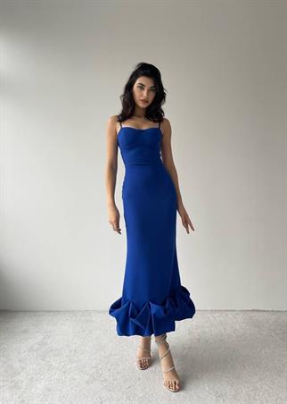 Dominic Eteği Büzgülü Askılı Elbise - Mavi