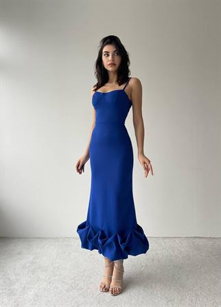 Dominic Eteği Büzgülü Askılı Elbise - Mavi
