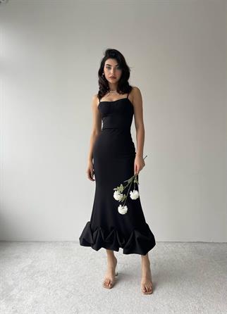 Dominic Eteği Büzgülü Askılı Elbise - Siyah