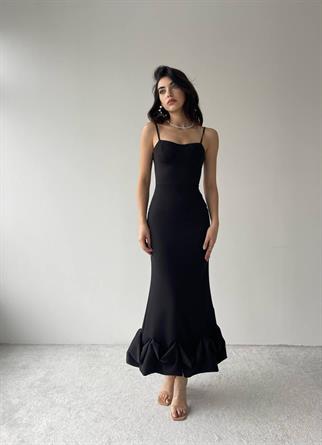 Dominic Eteği Büzgülü Askılı Elbise - Siyah