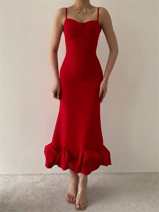 Dominic Eteği Büzgülü Askılı Elbise - Kırmızı