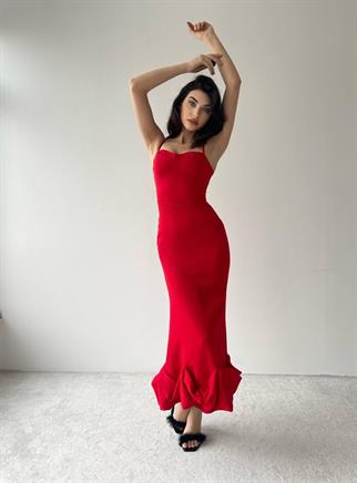 Dominic Eteği Büzgülü Askılı Elbise - Kırmızı