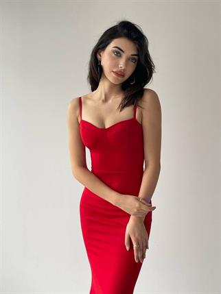 Dominic Eteği Büzgülü Askılı Elbise - Kırmızı