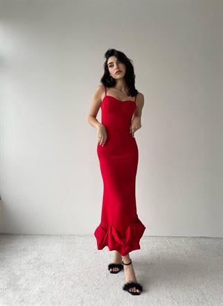 Dominic Eteği Büzgülü Askılı Elbise - Kırmızı
