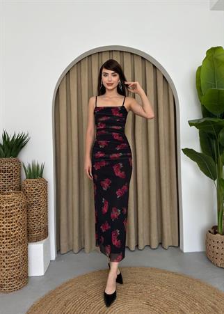 Askılı Siyah Güllü Elbise