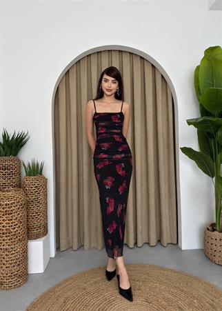 Askılı Siyah Güllü Elbise