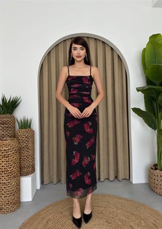 Askılı Siyah Güllü Elbise
