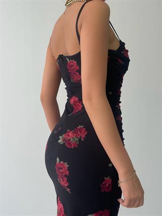 Askılı Siyah Güllü Elbise