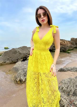 Astarlı Dantel Elbise Hardal - Sarı