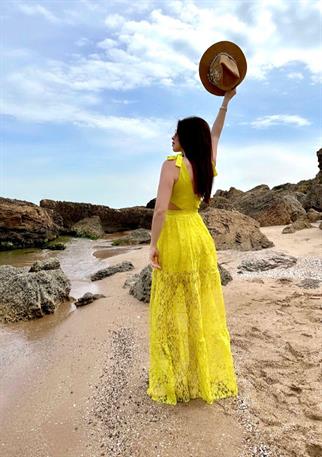 Astarlı Dantel Elbise Hardal - Sarı