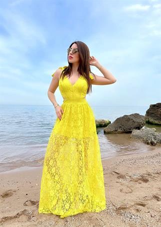 Astarlı Dantel Elbise Hardal - Sarı