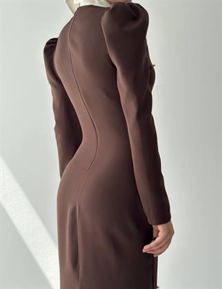 Perlina İnci Boncuk Detay Gömlek Yaka Uzun Elbise