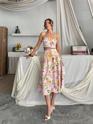 Dalia Çiçek Baskılı Keten Midi Elbise