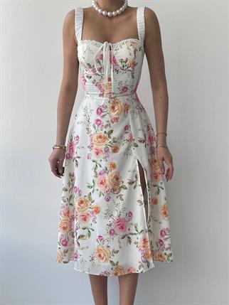 Çiçek Desenli Askılı Midi Elbise