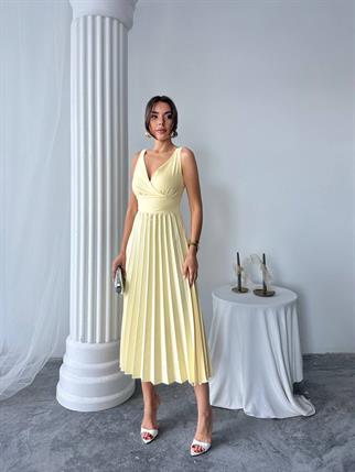 Alyosa Pileli V Yaka Midi Elbise