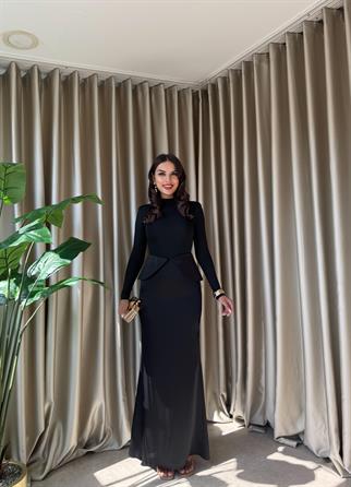 Uzun Kollu Balıkçı Yaka Saten Detay Şık Elbise