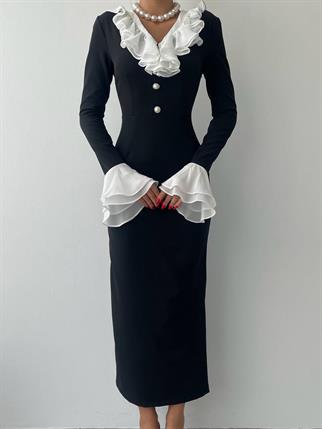 Liplan Yaka Fırfırlı Midi Boy Elbise