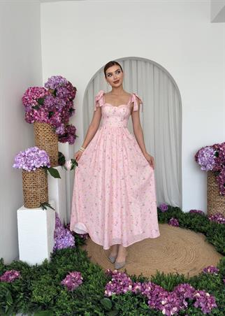 Kalın Askılı Pembe Çiçekli Larisse Elbise