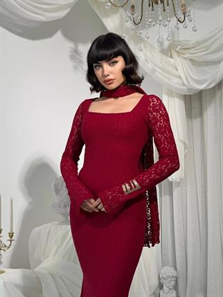 Olin Şallı Dantel Uzun Elbise