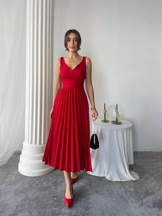 Alyosa Pileli V Yaka Midi Elbise