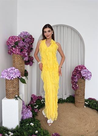 Lotus Şifon Fırfır Detay Uzun Elbise