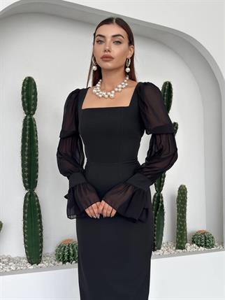 Hare Kolları Fırfır Detaylı Elbise