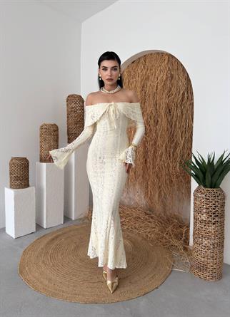 Lumina Dantel Kumaş Açık Omuz Uzun Elbise